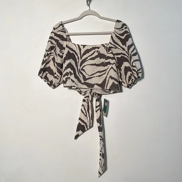 HALARA NWT Boho Beach Zebra Puff SLV Tie Back Square Neck Brown/Tan Crop Top XL - Picture 4 of 16